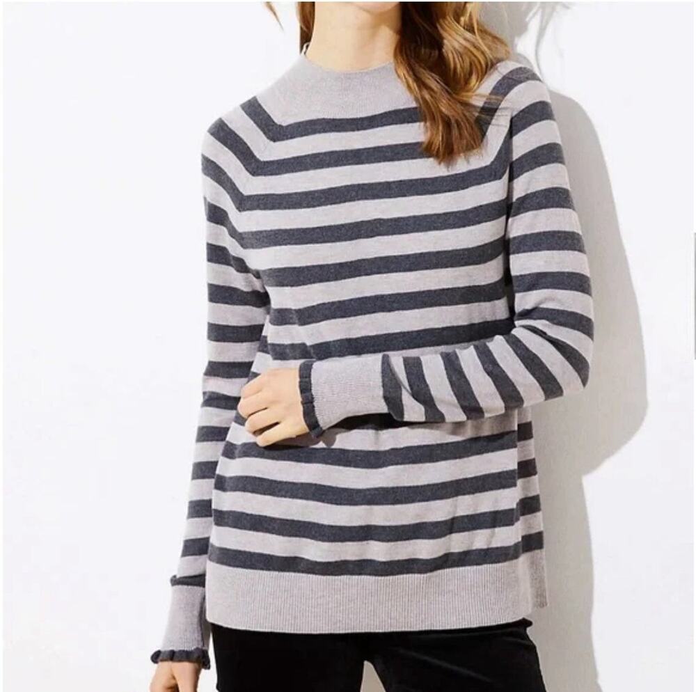 LOFT Petite Mock Neck Sweater MP Gray Striped Pullover French Girl Minimalist